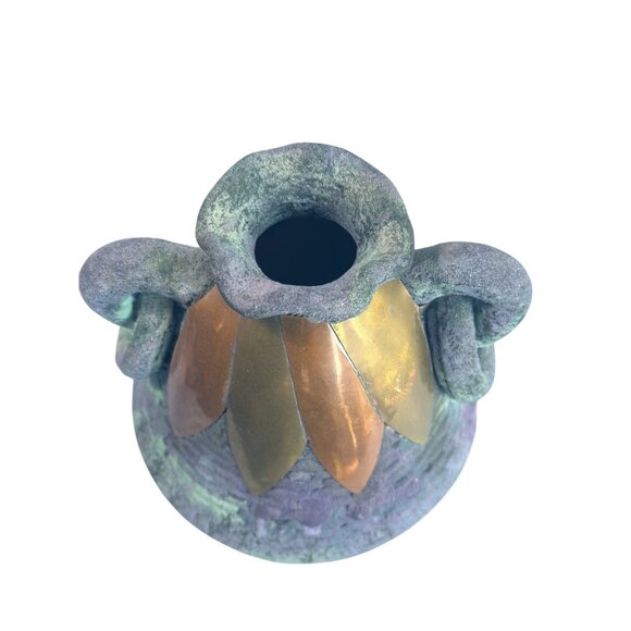 Handcrafted Southwestern Sand Pottery Vase With Copper Accents 5" Tall 7" Wide - Picture 3 of 7